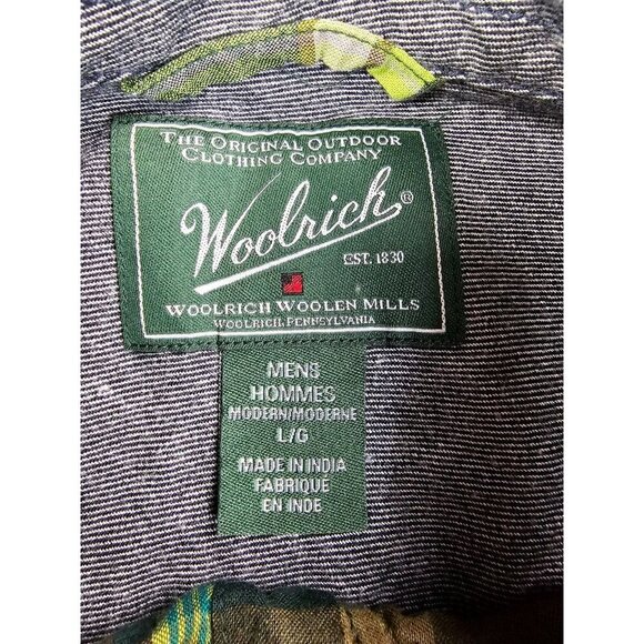 Woolrich Size Large Mens Green Brown Black Tan Check Button Down Logo Tag Shirt - Picture 4 of 12